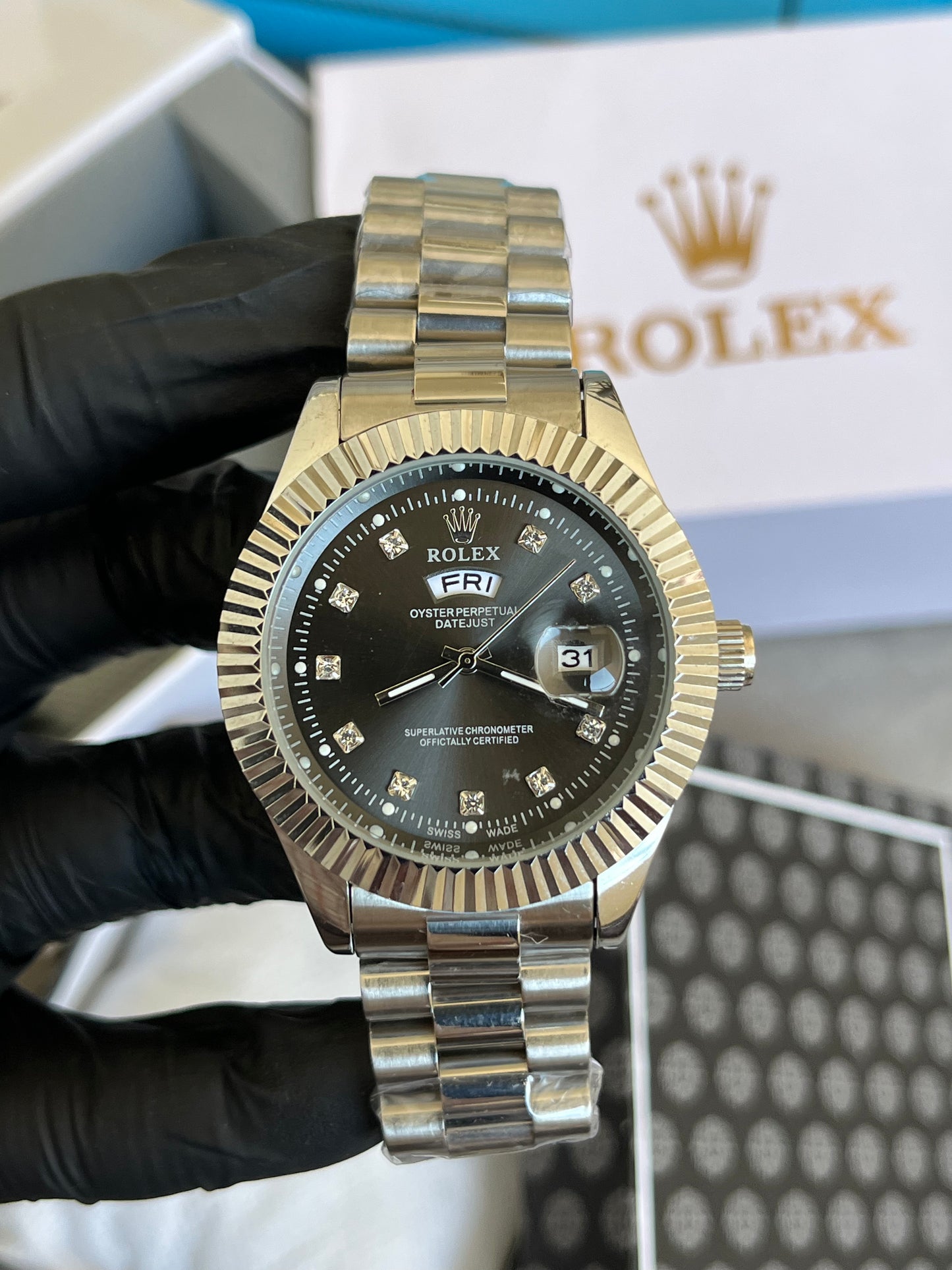 Rolex Watch Day & Date - Silver with Black Dial