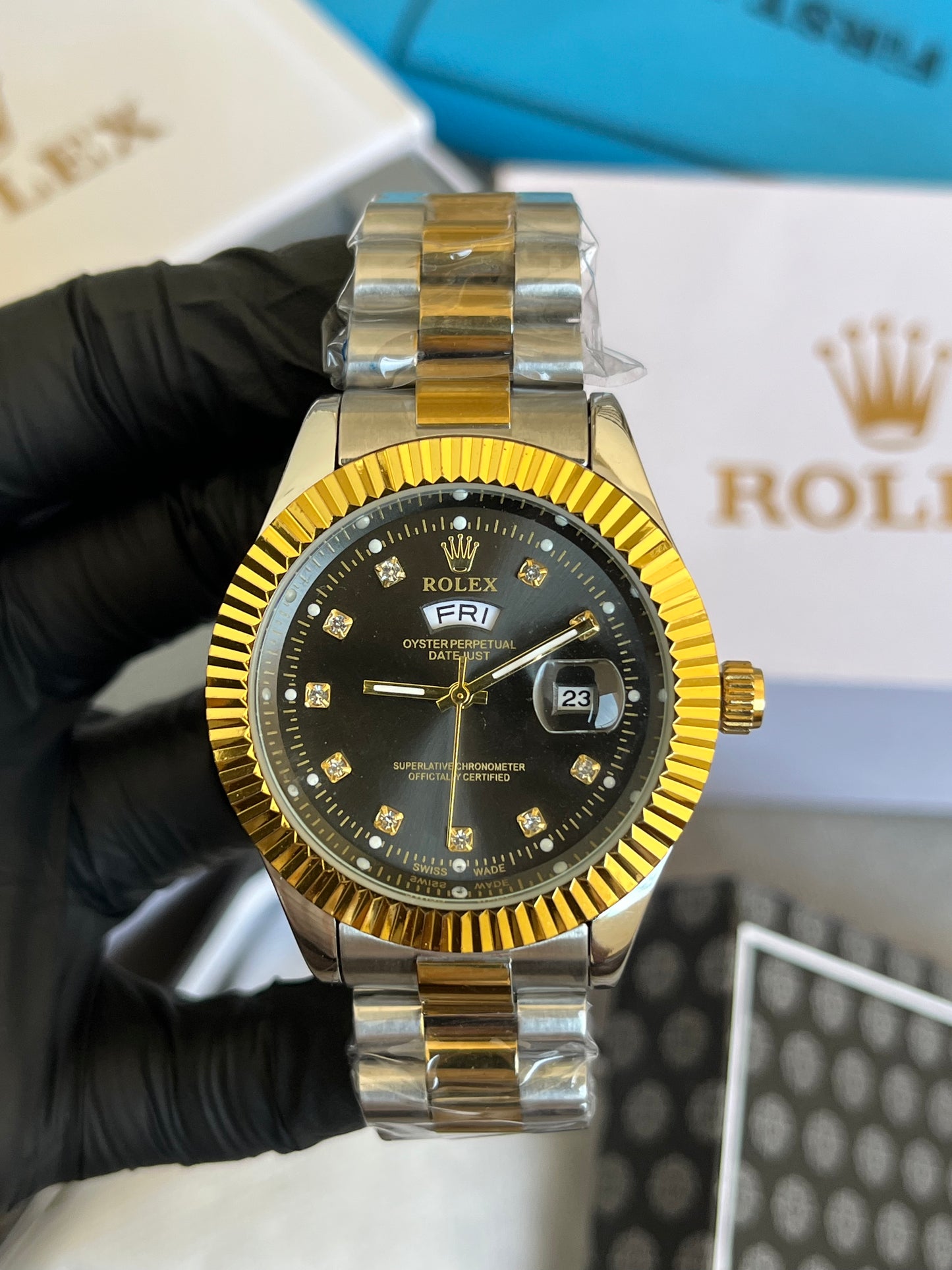 Rolex Watch Day & Date - Golden with Black Dial