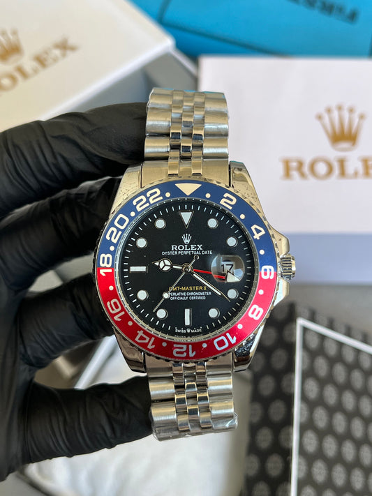 Rolex GMT Mater Watch - Silver with Black Dial